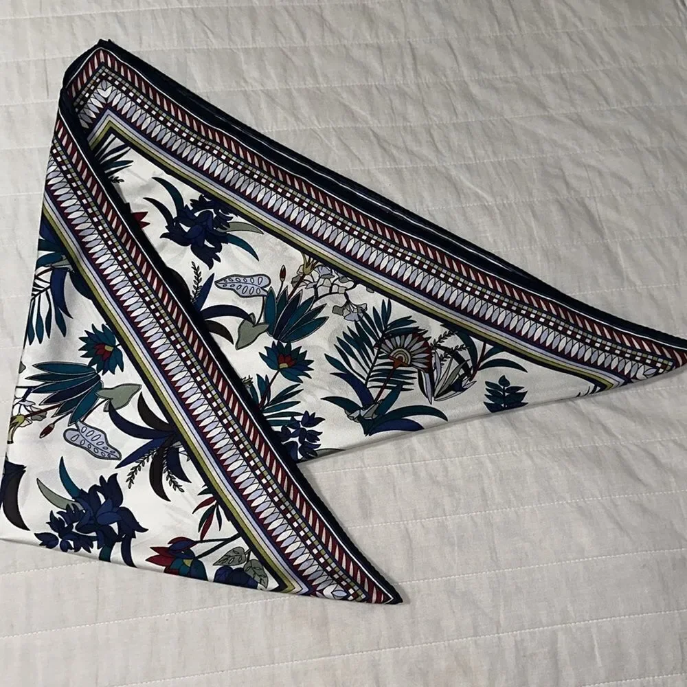 Tory Burch White Navy Green Teal Rust Burgundy Blue Floral Square Scarf